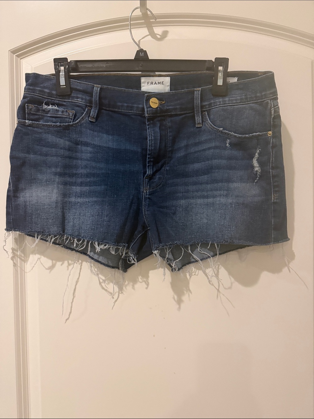 Frame Denim Dark Indigo Frayed Hem Cutoff Shorts